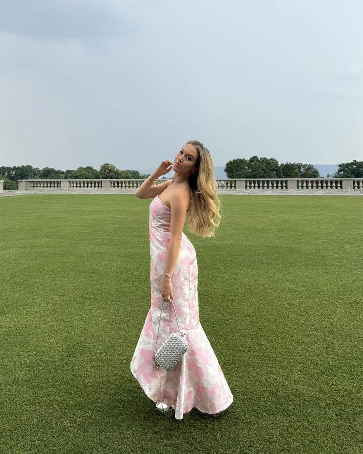 Sweet Pink Satin Print Floral Evening Dress Mermaid Prom Dress Y7828