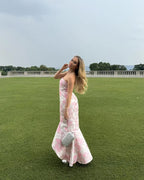 Sweet Pink Satin Print Floral Evening Dress Mermaid Prom Dress Y7828