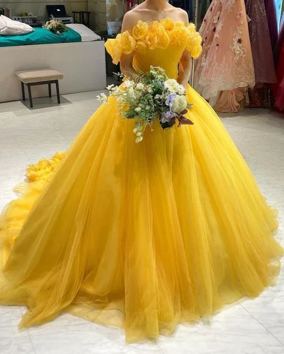 Abito da ballo giallo in tulle con spalle scoperte, vestito da principessa giallo Y4627