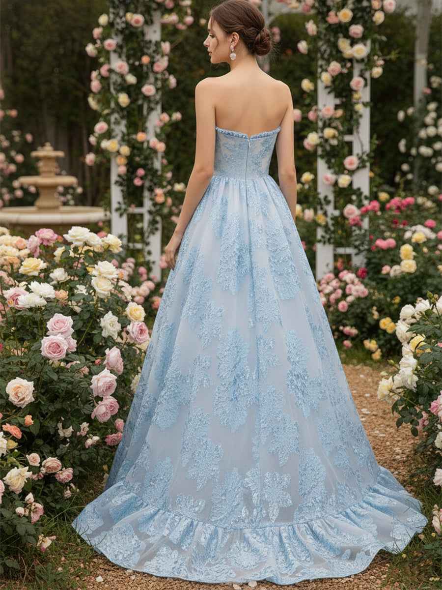 Ice Blue A-Line Strapless Textured Corset Prom Dress With Sheer Mesh And Boning