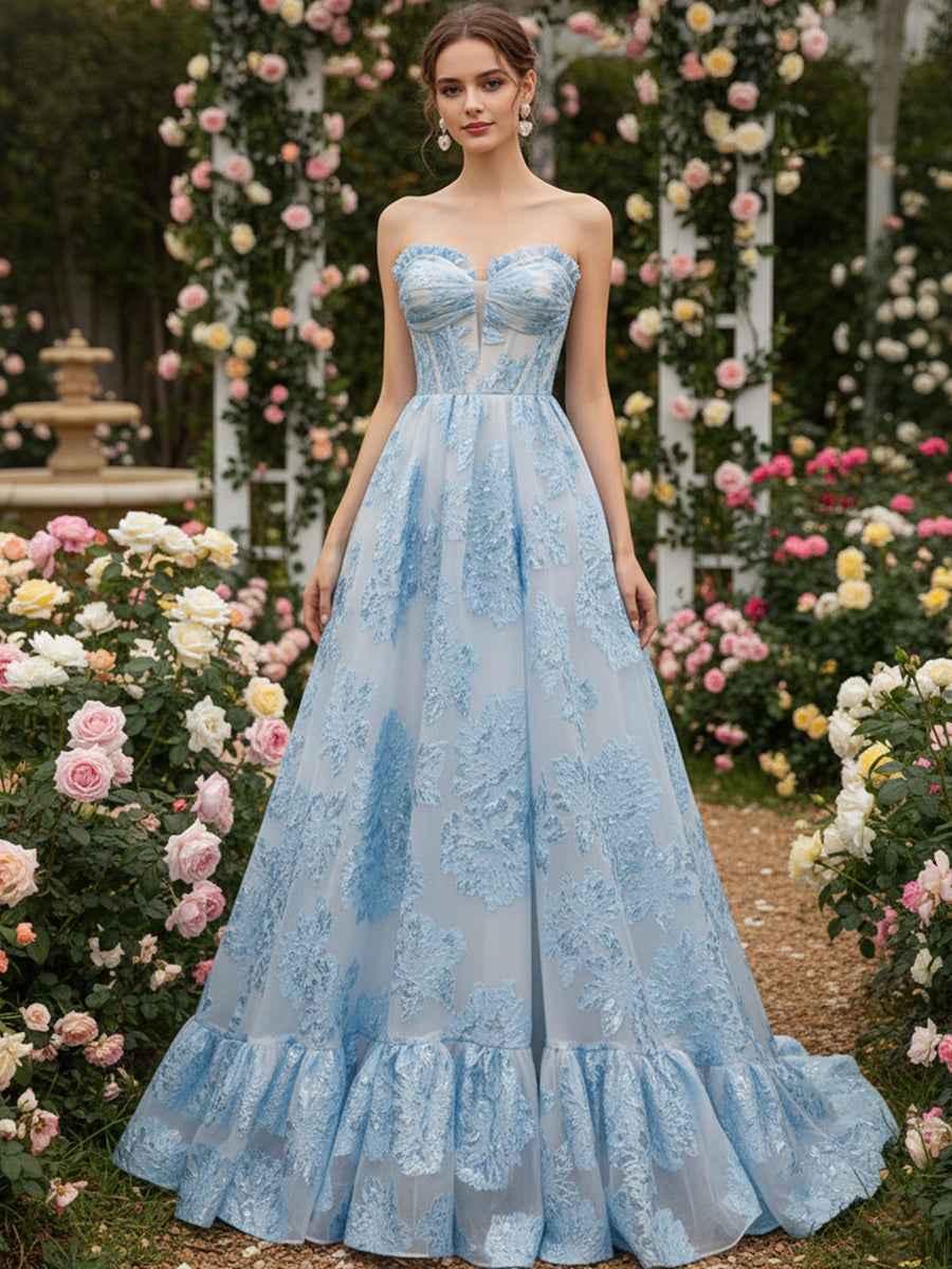 Ice Blue A-Line Strapless Textured Corset Prom Dress With Sheer Mesh And Boning