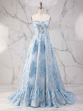 Ice Blue A-Line Strapless Textured Corset Prom Dress With Sheer Mesh And Boning