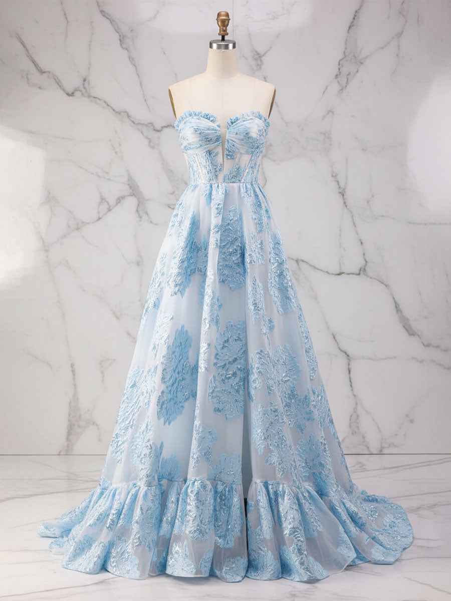 Ice Blue A-Line Strapless Textured Corset Prom Dress With Sheer Mesh And Boning