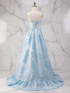 Ice Blue A-Line Strapless Textured Corset Prom Dress With Sheer Mesh And Boning