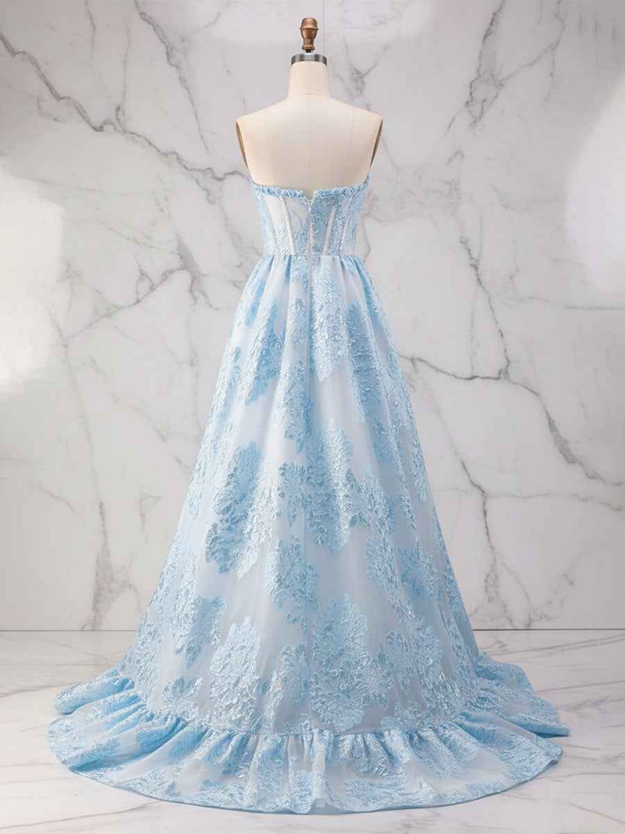 Ice Blue A-Line Strapless Textured Corset Prom Dress With Sheer Mesh And Boning