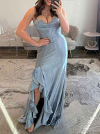 Icy Blue Cowl Neck Sequin Corset Prom Dress With Ruffled Slit