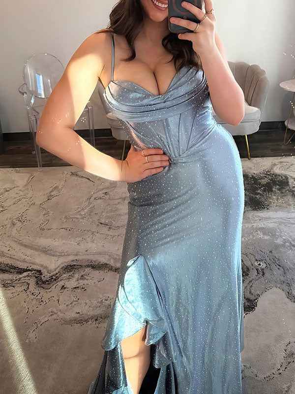 Icy Blue Cowl Neck Sequin Corset Prom Dress With Ruffled Slit