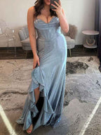 Icy Blue Cowl Neck Sequin Corset Prom Dress With Ruffled Slit