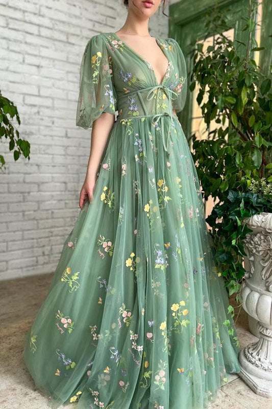 Illusion A-Line V-Neck Half Sleeves Appliques Tulle Prom Formal Dress