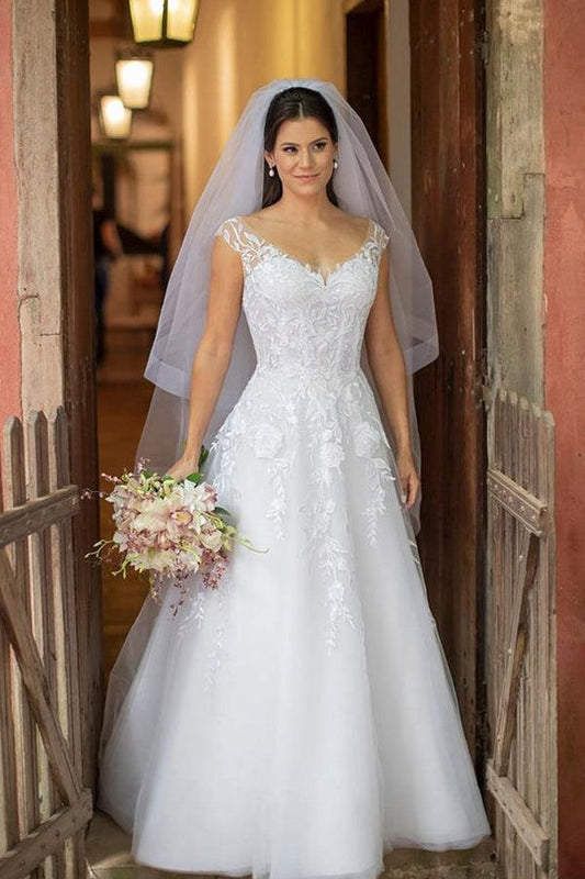Illusion U-Ausschnitt Weißes Brautkleid mit Blumenspitze und bodenlang