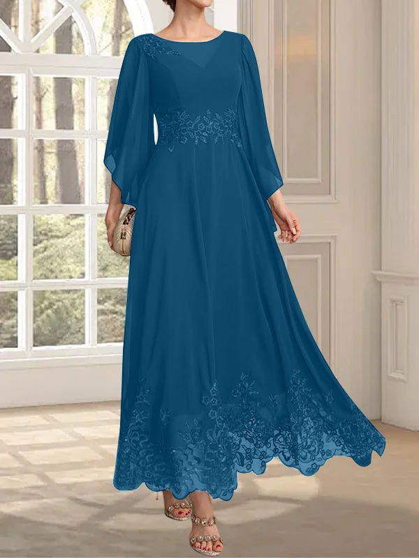 A-Linie, U-Ausschnitt, Illusion, knöchellang, Spitzen-Chiffon, Kleid für die Brautmutter mit Pailletten 
