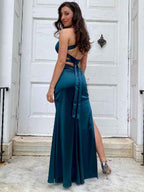 Ink Blue Satin Mermaid Prom Dress With V Neck And Criss Cross Back