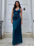 Ink Blue Satin Mermaid Prom Dress With V Neck And Criss Cross Back