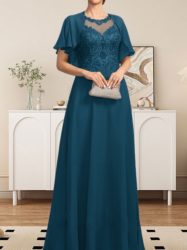 A-Linie, U-Ausschnitt, Illusion, bodenlanges Spitzen-Chiffon-Kleid für die Brautmutter mit Pailletten