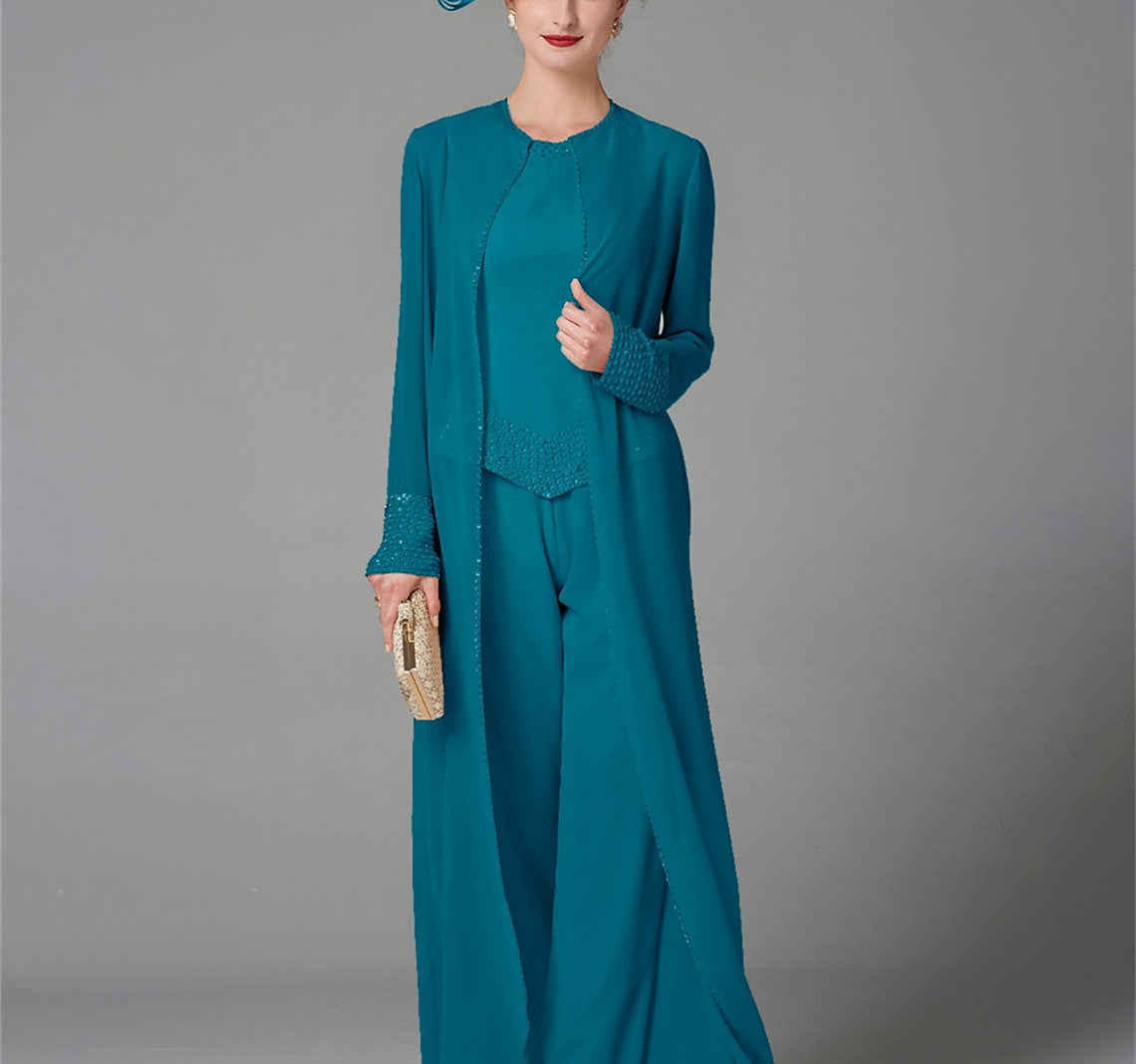 Mother Of The Bride Pantsuit With Jacket And Sequins Long Sleeve Chiffon