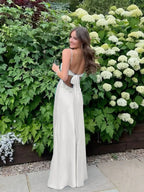 Blue A Line V Neck Beaded Back Tie Long Prom Dress