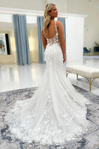 Ivory 3D Floral Lace Mermaid Wedding Dress Sweetheart Beaded Bodice Open Back