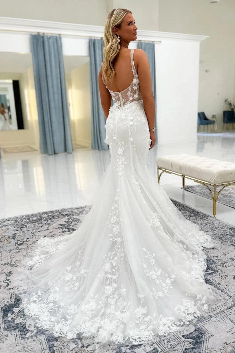 Ivory 3D Floral Lace Mermaid Wedding Dress Sweetheart Beaded Bodice Open Back