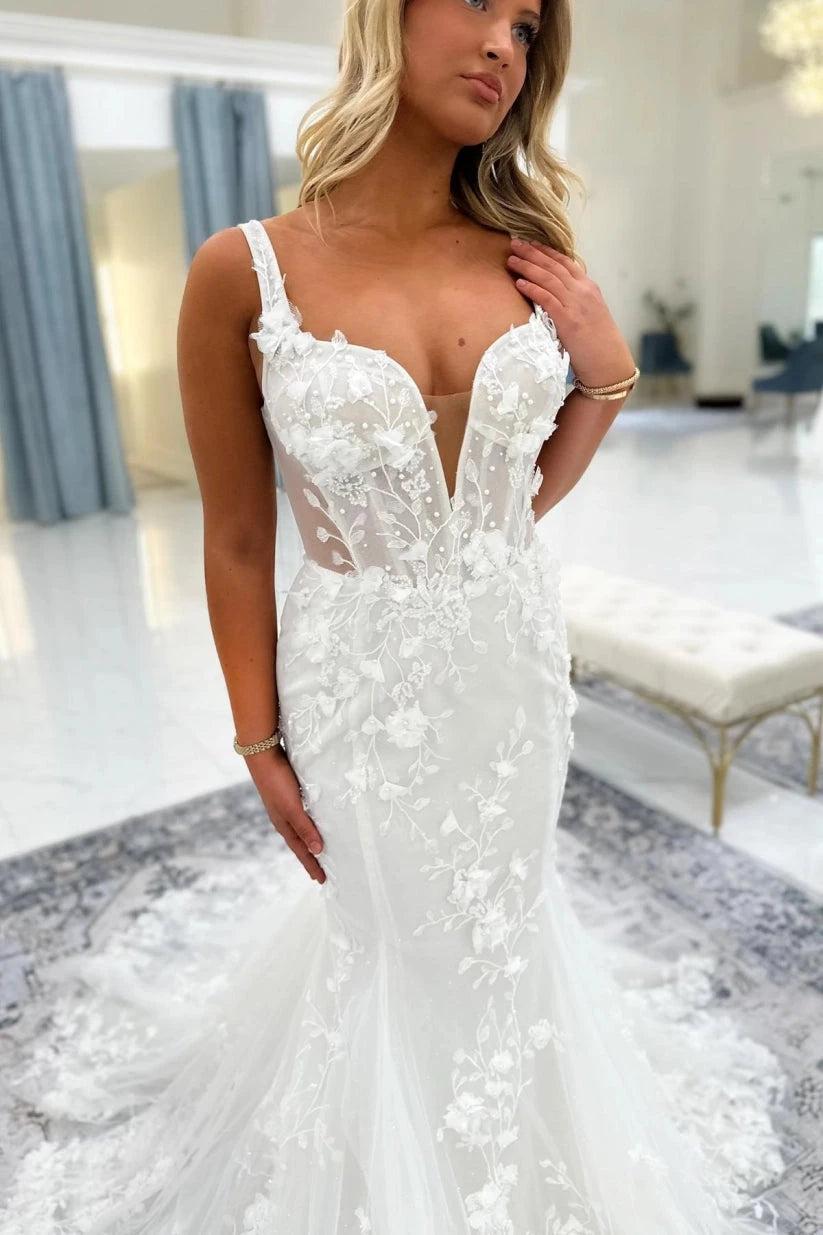 Ivory 3D Floral Lace Mermaid Wedding Dress Sweetheart Beaded Bodice Open Back