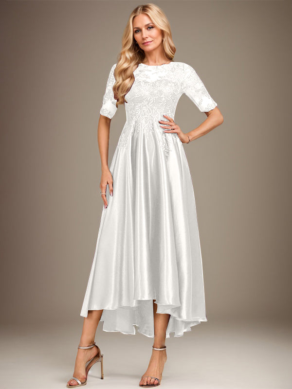 Robe de mère de la mariée en satin extensible à dentelle, coupe en A, décolleté illusion asymétrique avec paillettes