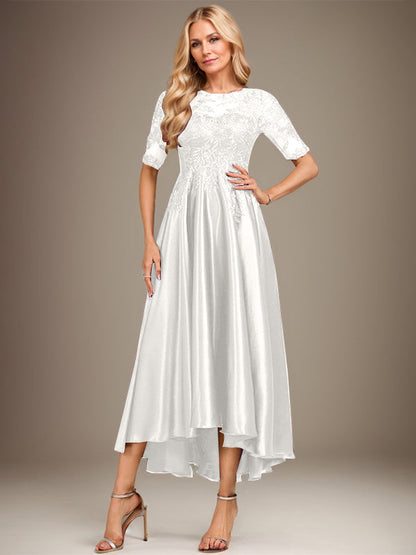 A-Linie, U-Ausschnitt, Illusion, asymmetrisch, Stretch-Satin, Spitze, Kleid für die Brautmutter mit Pailletten 