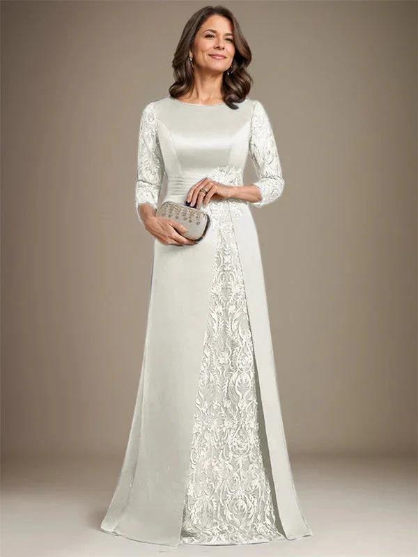 A-Line Scoop Floor-Length Lace Satin Mother Of the Bride Dress With Applique by Dreamylily