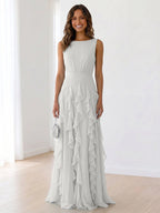 Sky Blue Tiered Chiffon Evening Maxi Dress With Ruched Bodice