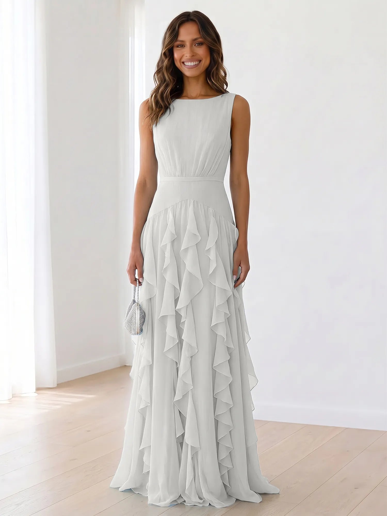 Sky Blue Tiered Chiffon Evening Maxi Dress With Ruched Bodice
