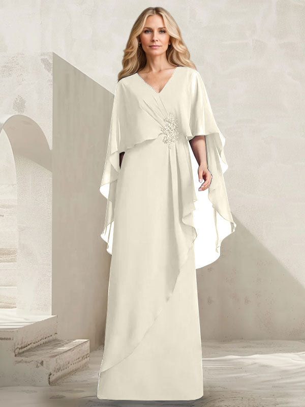 A-line V-Neck Floor-Length Chiffon Mother of the Bride Dress With Cascading Ruffles Beading