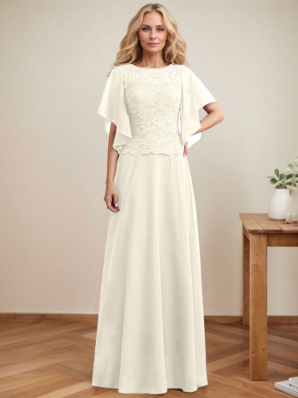 A-Linie, U-Ausschnitt, Illusion, bodenlanges Spitzen-Chiffon-Kleid für die Brautmutter mit Pailletten 