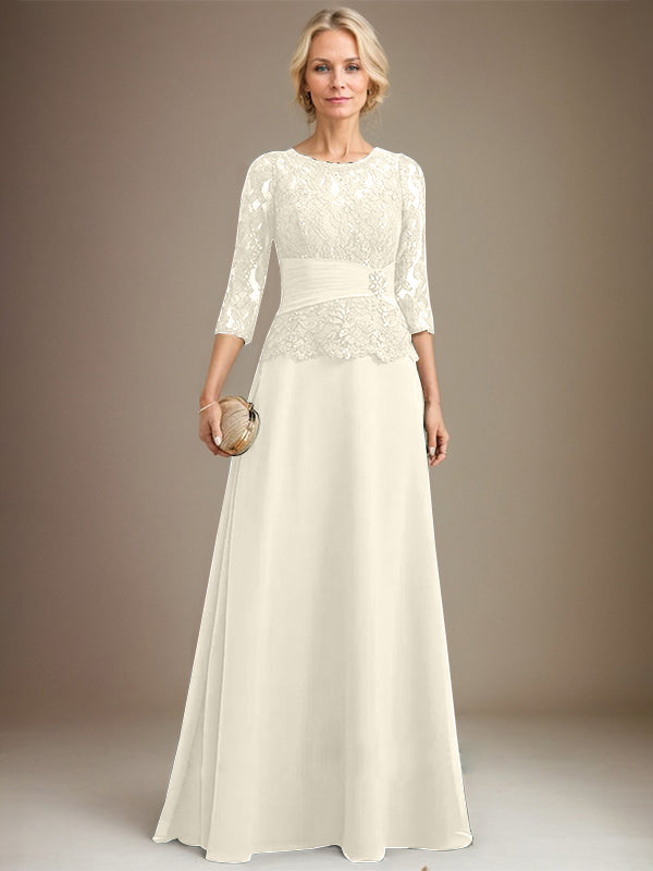 A-line Scoop Illusion Floor-Length Chiffon Lace Mother of the Bride Dress With Pleated Sequins Beading