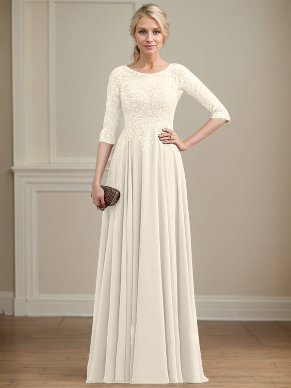 A-Linie, U-Ausschnitt, Illusion, bodenlanges Spitzen-Chiffon-Kleid für die Brautmutter mit Pailletten 