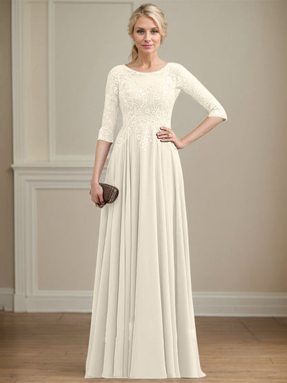 A-Linie, U-Ausschnitt, Illusion, bodenlanges Spitzen-Chiffon-Kleid für die Brautmutter mit Pailletten 