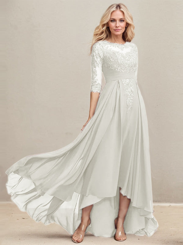 Robe de mère de la mariée en mousseline de soie asymétrique à encolure dégagée en forme de A avec dentelle illusion et sequins plissés
