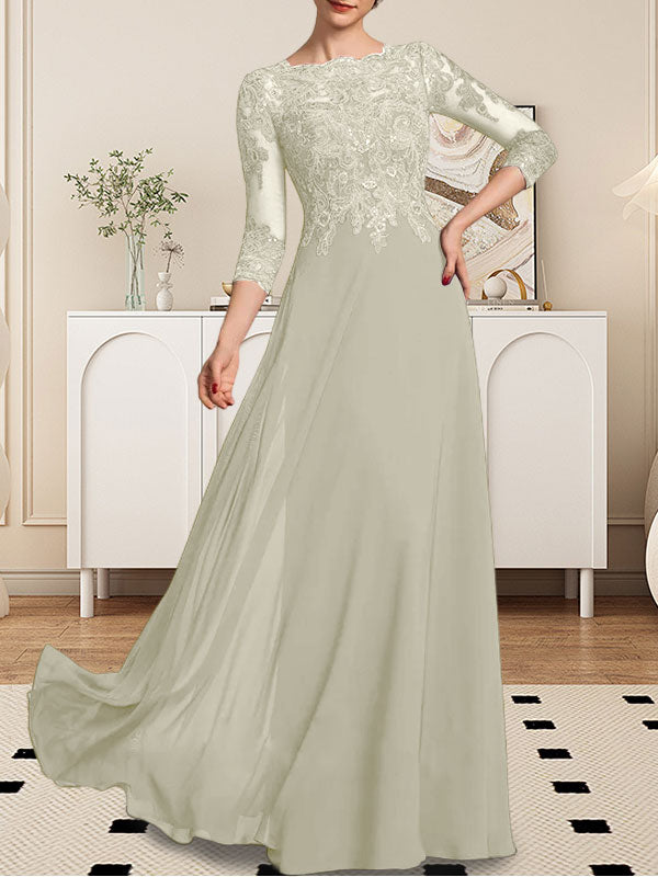 A-Linie U-Ausschnitt Bodenlang Spitzen-Chiffon-Kleid für die Brautmutter mit Pailletten