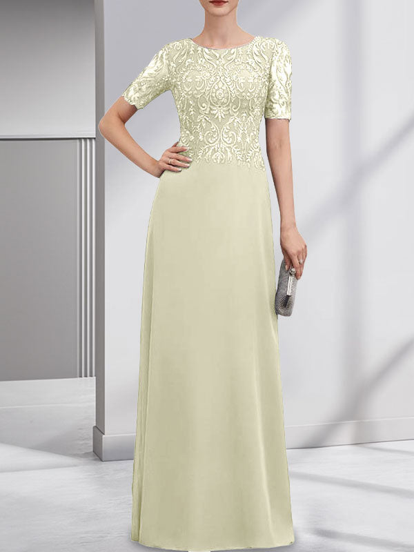 Robe de mère de la mariée en dentelle et mousseline, longueur au sol, en ligne A, décolleté en U, ornée de paillettes