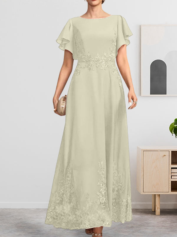 Robe de mère de la mariée en mousseline de soie à dentelle, longueur cheville, en forme trapèze avec décolleté arrondi et paillettes