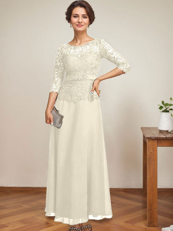 Robe de mère de la mariée en dentelle en mousseline, longueur cheville, coupe trapèze, décolleté illusion en forme de goutte, ornée de perles en strass