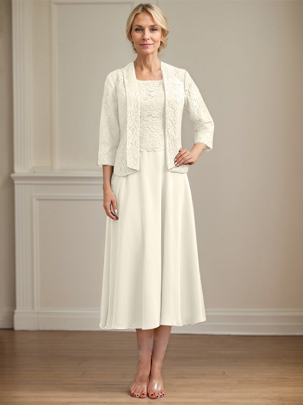 A-Linie U-Ausschnitt Wadenlang Chiffon-Kleid für die Brautmutter 