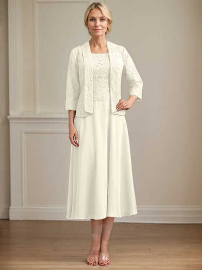 A-Linie U-Ausschnitt Wadenlang Chiffon-Kleid für die Brautmutter 