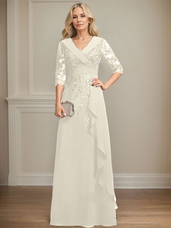 Robe de mère de la mariée en mousseline de soie à col en V, longueur au sol, ligne A, avec dentelle, paillettes et volants en cascade