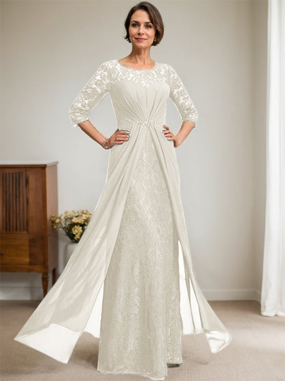 A-Linie U-Ausschnitt Illusion Bodenlang Spitzen Chiffon Mutter der Braut Kleid mit Perlenbesatz Rüschen 