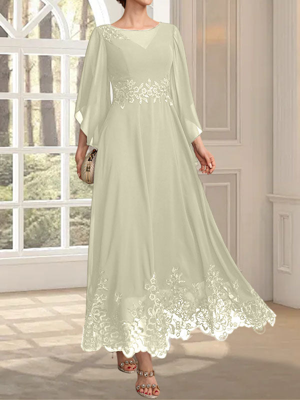 A-Linie, U-Ausschnitt, Illusion, knöchellang, Spitzen-Chiffon, Kleid für die Brautmutter mit Pailletten 