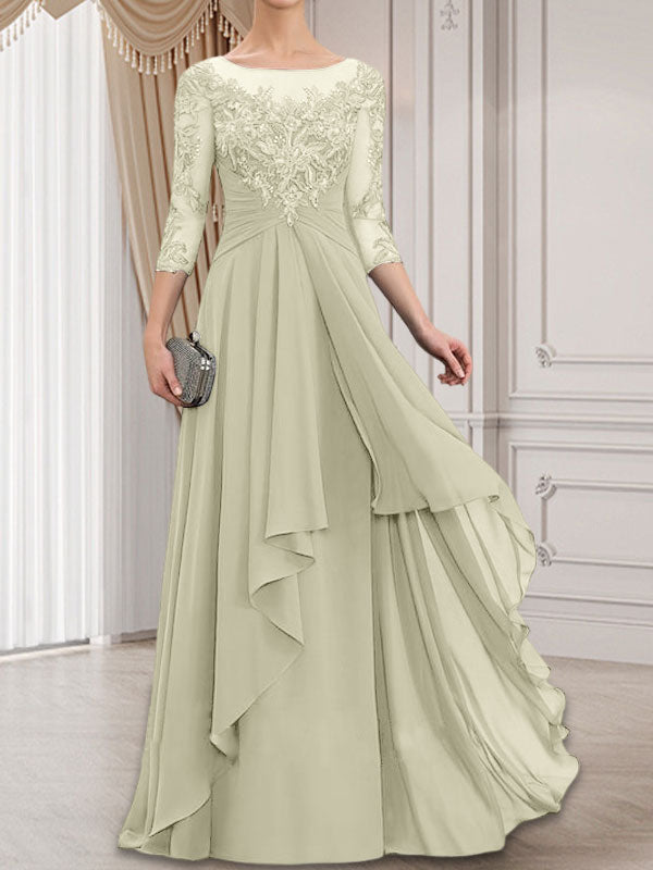 Robe de mère de la mariée en dentelle et mousseline, longueur au sol, ligne en A, décolleté en U avec volants en cascade