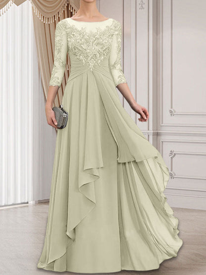 A-Linie, U-Ausschnitt, Illusion, bodenlanges Chiffon-Kleid für die Brautmutter mit kaskadierenden Rüschen