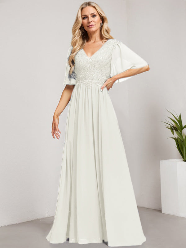 A-Linie V-Ausschnitt Bodenlanges Spitzen-Chiffon-Kleid für die Brautmutter mit Pailletten 