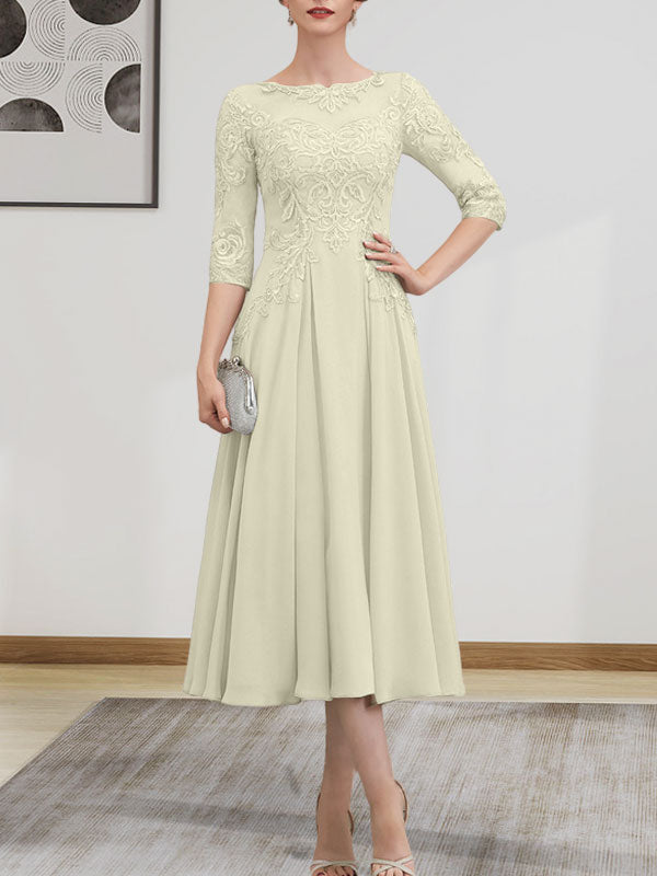 A-Linie, U-Ausschnitt, Illusion, knielang, Chiffon, Spitze, Kleid für die Brautmutter mit Perlen und Pailletten