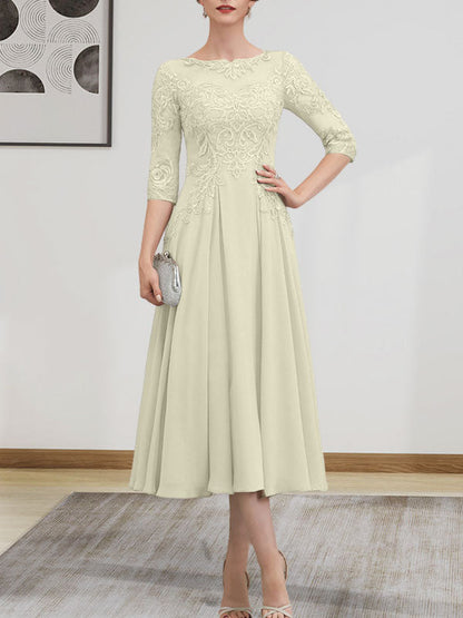 A-Linie, U-Ausschnitt, Illusion, knielang, Chiffon, Spitze, Kleid für die Brautmutter mit Perlen und Pailletten