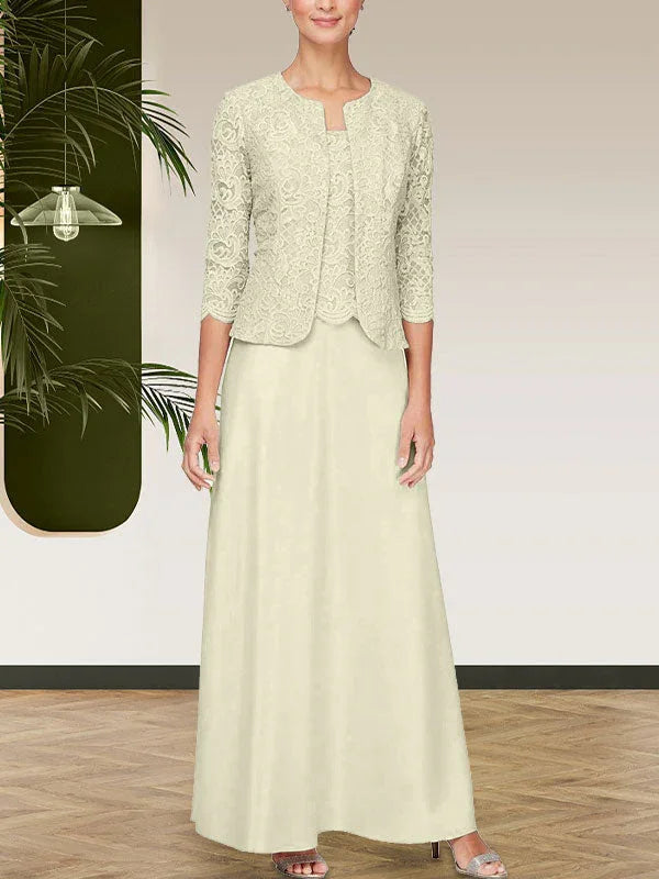 فستان مع جاكيت تنورة من الدانتيل اللامع والساتان مع جاكيت مفتوح