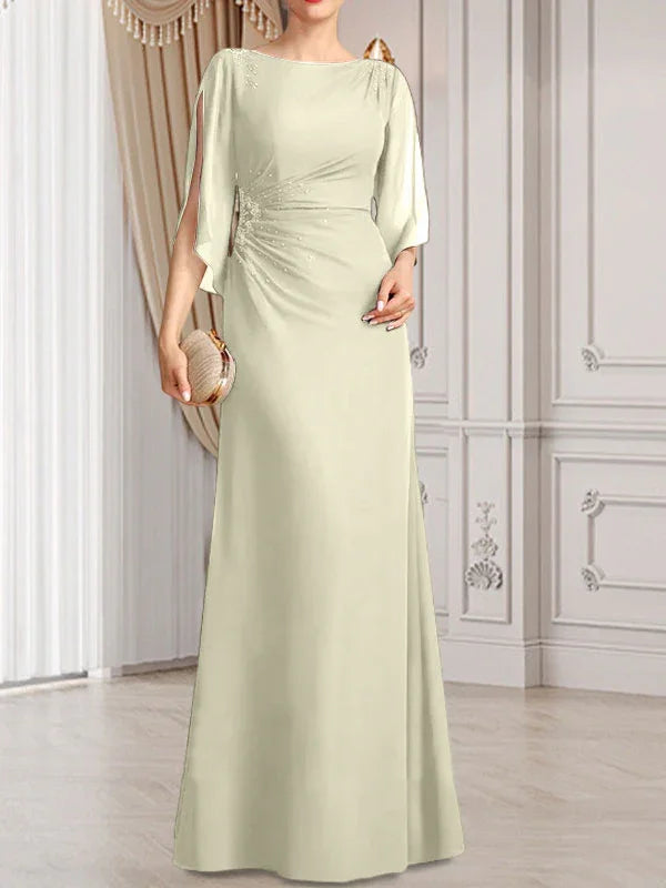 Vestido de madrina de novia de gasa largo hasta el suelo con corte columna y fajín plisado con cuentas